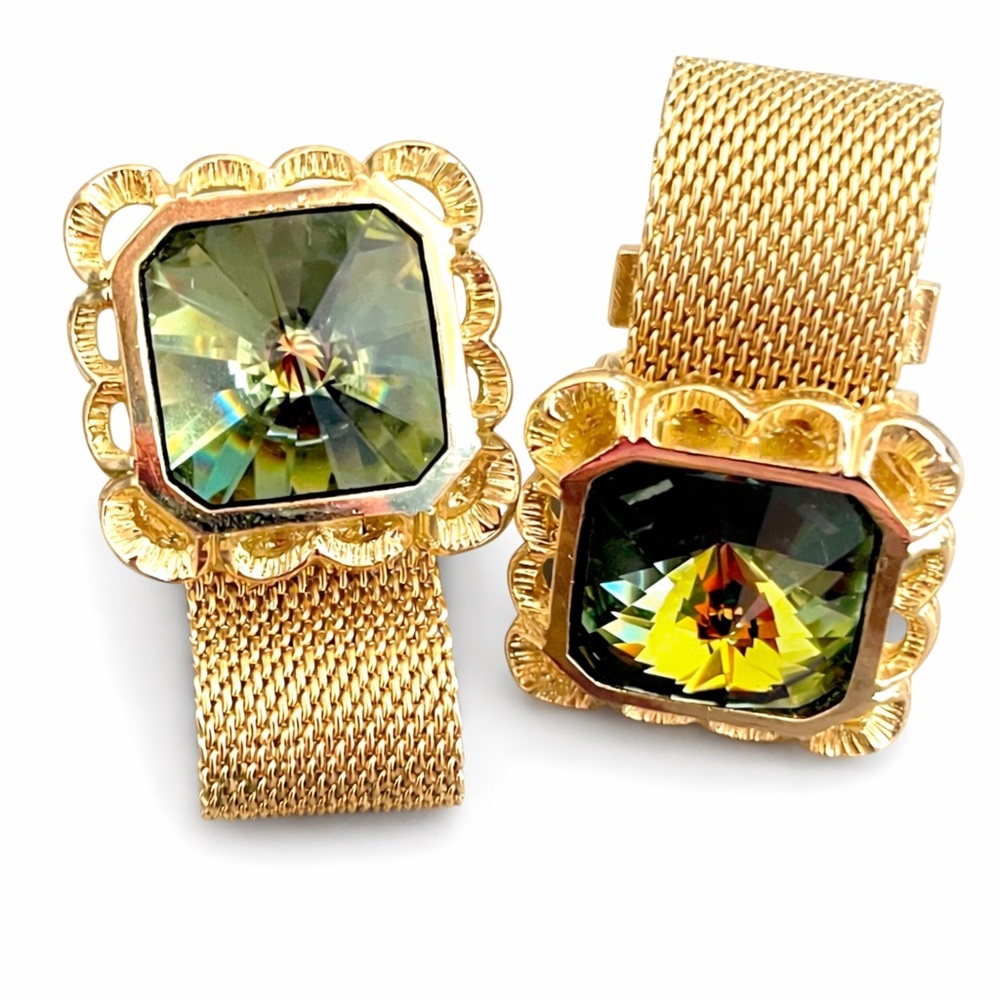Vintage DANTE Gold Tone Mesh Cufflinks Faceted Topaz Glass Mid Century